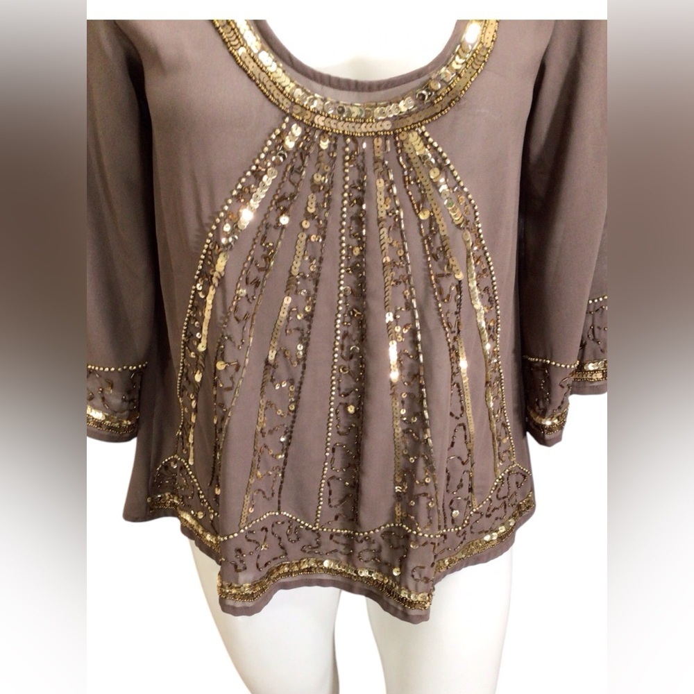 Embellished Taupe Sequin Scoop-Neck Blouse